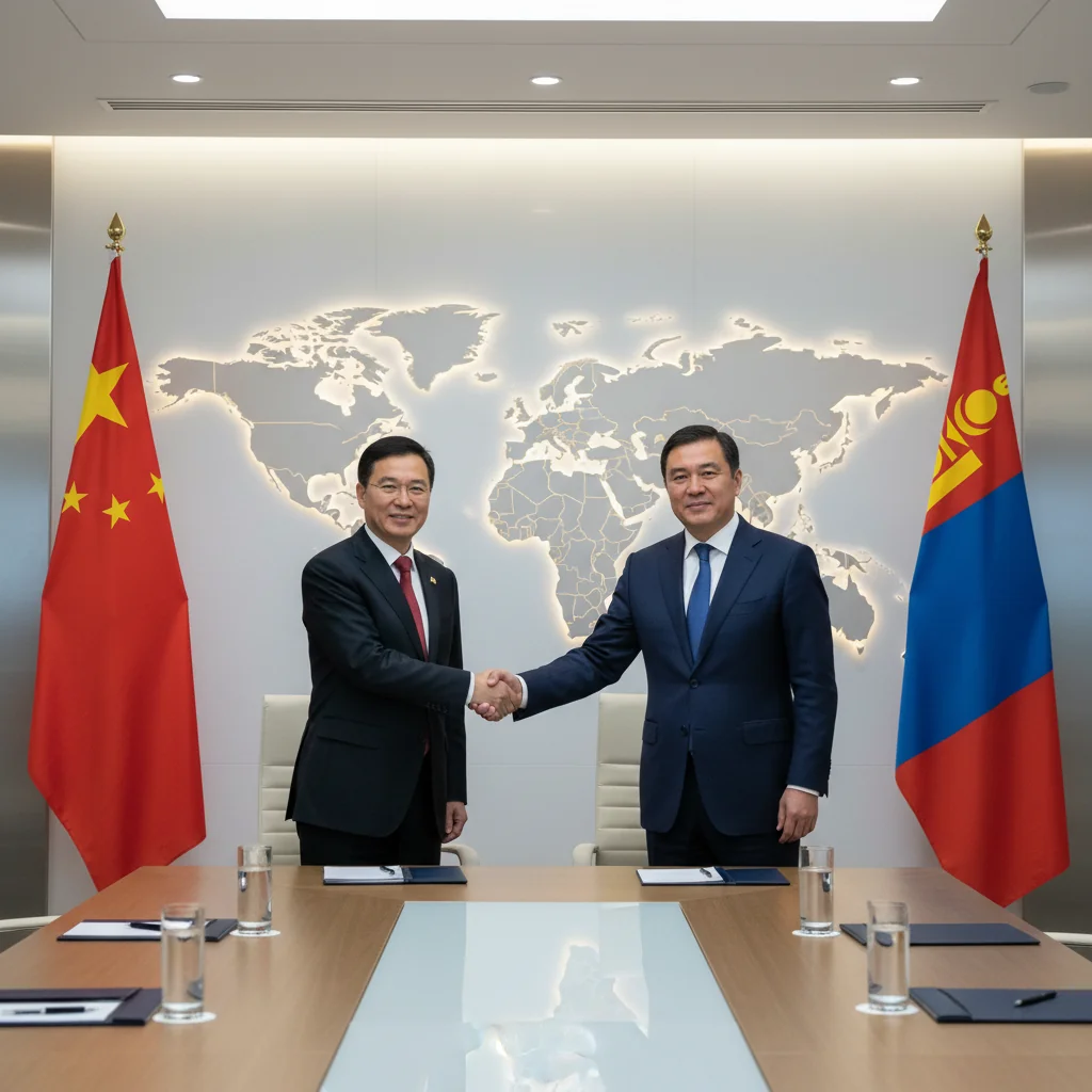 A photorealistic image symbolizing international agreements and cooperation between China and its neighboring countries, such as diplomats shaking hands in a modern conference room with subtle national flags in the background, representing the essence of neighboring rights protocols without focusing on legal documents.