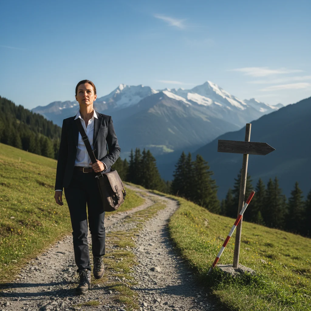 A photorealistic image representing the purpose of a border worker contract in Switzerland, showing a professional adult commuter crossing the scenic Swiss border landscape on foot or by vehicle, with the majestic Alps in the background, symbolizing daily cross-border work without focusing on any legal documents.
