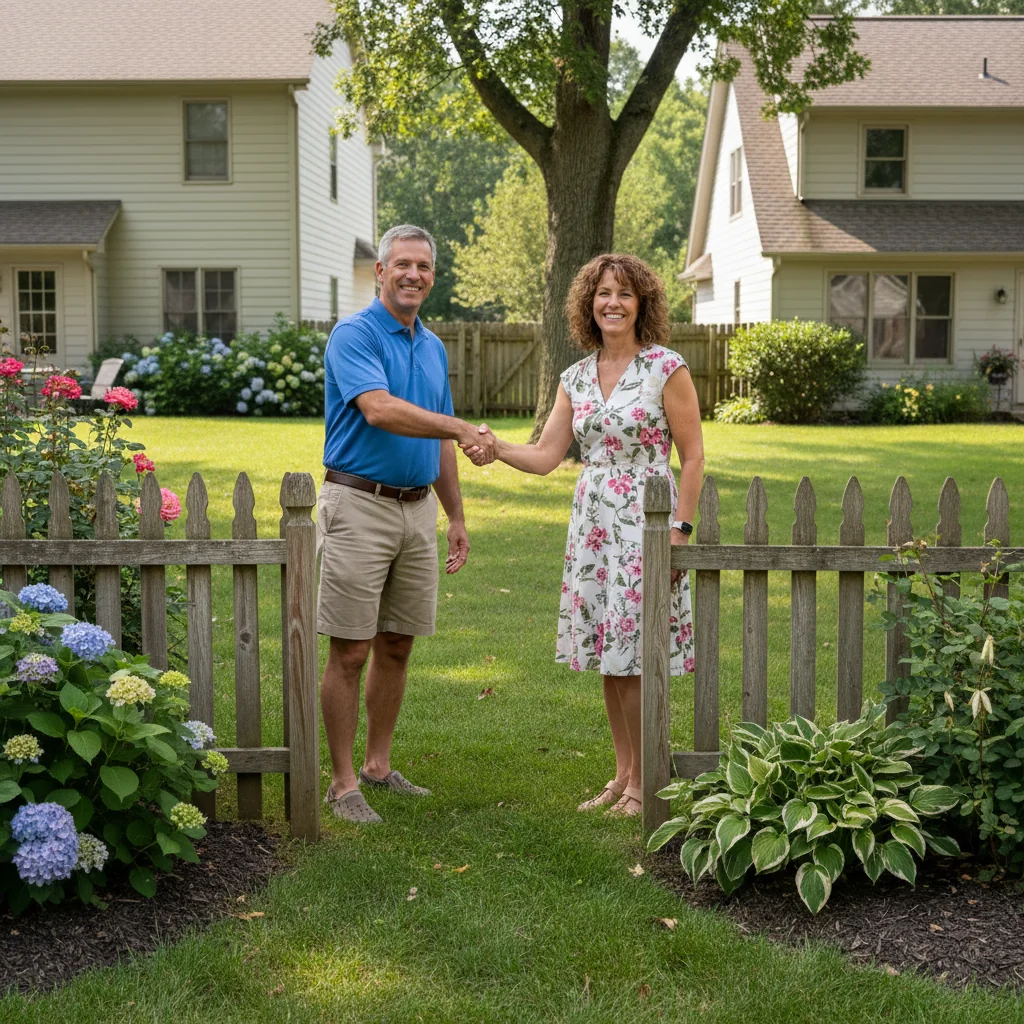 A photorealistic image of two neighboring adults shaking hands amicably in front of a shared fence between their properties, symbolizing a positive agreement on adjacent rights, with residential houses in the background under a clear blue sky.