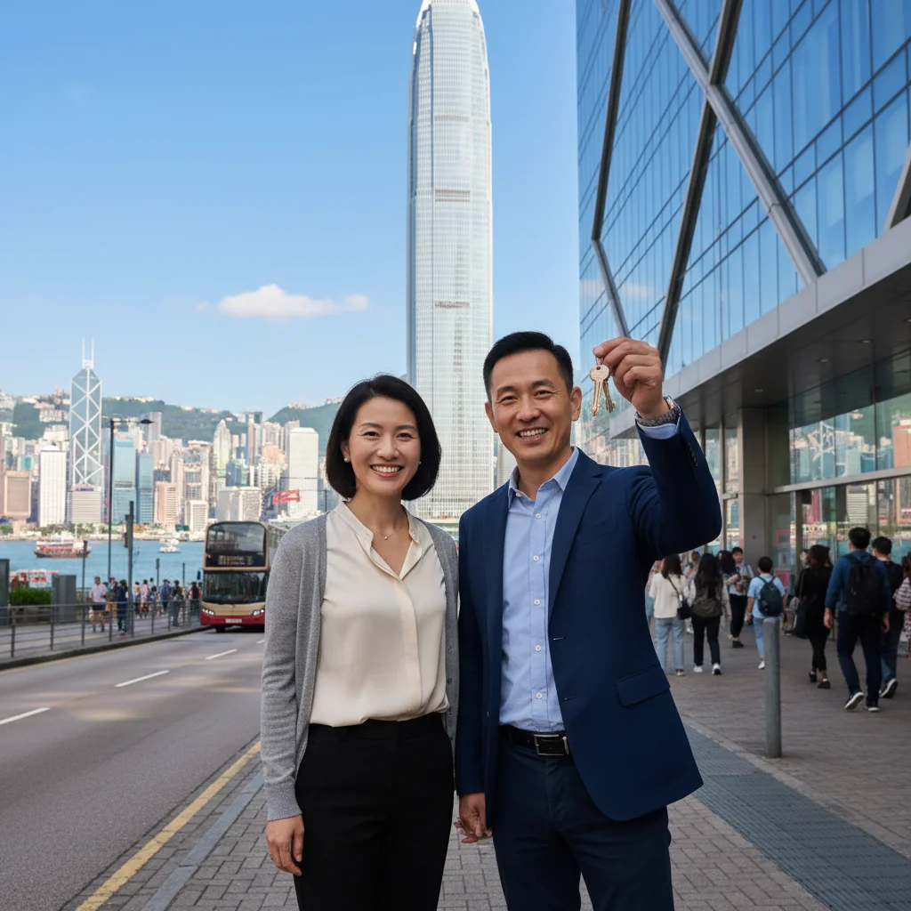A photorealistic image of a confident adult professional couple in their 30s standing outside a modern high-rise residential building in Hong Kong, holding keys to their new apartment, with the bustling city skyline and Victoria Harbour in the background, symbolizing the excitement of property purchase and ownership without focusing on any documents.