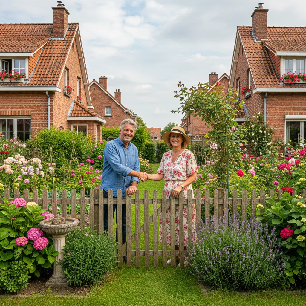 A photorealistic image depicting two neighboring adults in a Belgian suburban backyard, amicably discussing and shaking hands over a shared wooden fence that separates their properties, symbolizing a mitoyenneté agreement. The scene includes typical Belgian houses with brick facades in the background, under a clear daytime sky. No children are present.