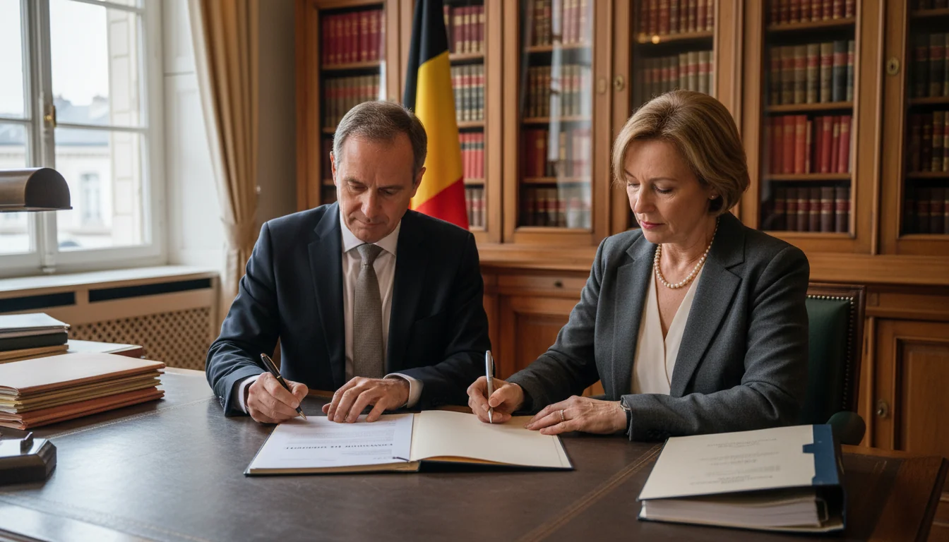 Two adults signing boundary agreement