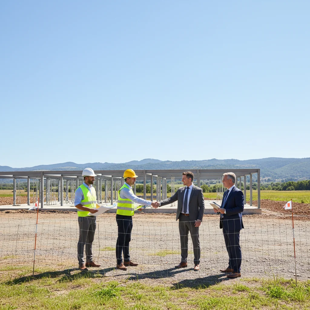 A photorealistic image depicting a modern border area with construction workers and surveyors discussing plans near a fence, symbolizing cross-border construction agreements. The scene shows adults in professional attire, with clear blue skies and green fields in the background, emphasizing cooperation and legal boundaries without any documents visible.