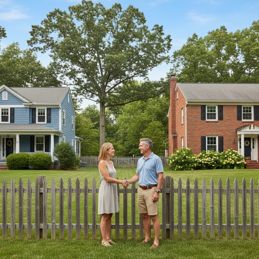 A photorealistic image of two neighboring adult homeowners standing together in a friendly manner, shaking hands in front of a shared boundary wall between their properties, symbolizing agreement and cooperation on common wall matters. The scene is set in a suburban backyard during daytime, with green grass and houses in the background, conveying trust and mutual benefit without any legal documents visible.