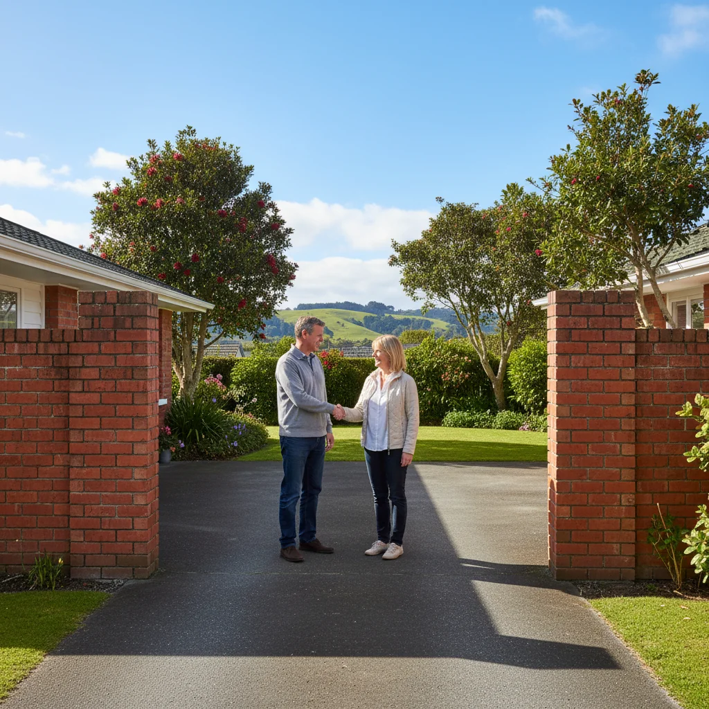 A photorealistic image of two neighboring houses in a suburban New Zealand neighborhood, separated by a shared brick party wall, with two adult homeowners standing nearby in friendly conversation, symbolizing cooperation in property agreements. The scene is set under a clear blue sky with green lawns, evoking harmony and community in homeownership.