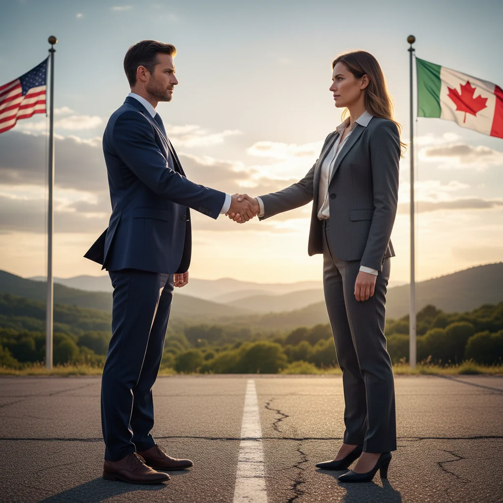 A photorealistic image depicting a symbolic representation of a border line agreement, showing two professionals from different countries shaking hands across a subtle international border line on a map, with flags in the background, emphasizing cooperation and legal boundaries without focusing on documents.