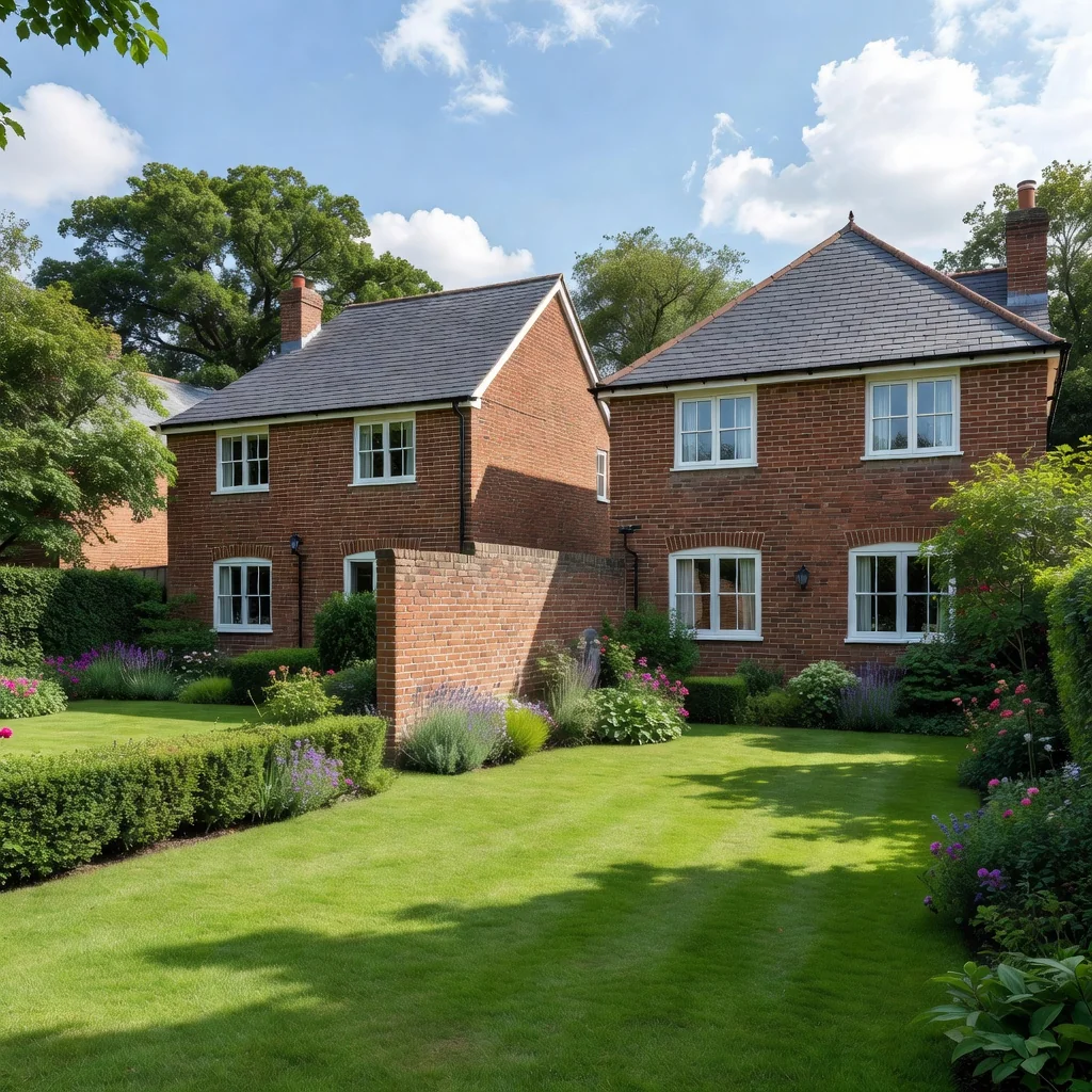 A photorealistic image of two neighboring semi-detached houses in a typical UK suburban neighborhood, with a shared brick wall between them visible in the garden area, under a clear blue sky, symbolizing the concept of party wall agreements without showing any legal documents or people.
