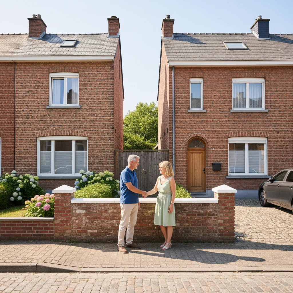 A photorealistic image of two neighboring houses in a Belgian suburban street, sharing a common boundary wall, with two middle-aged adults standing amicably in front of the wall, discussing or shaking hands, symbolizing shared property agreement. No children present. The scene is set on a sunny day with typical Belgian architecture in the background.