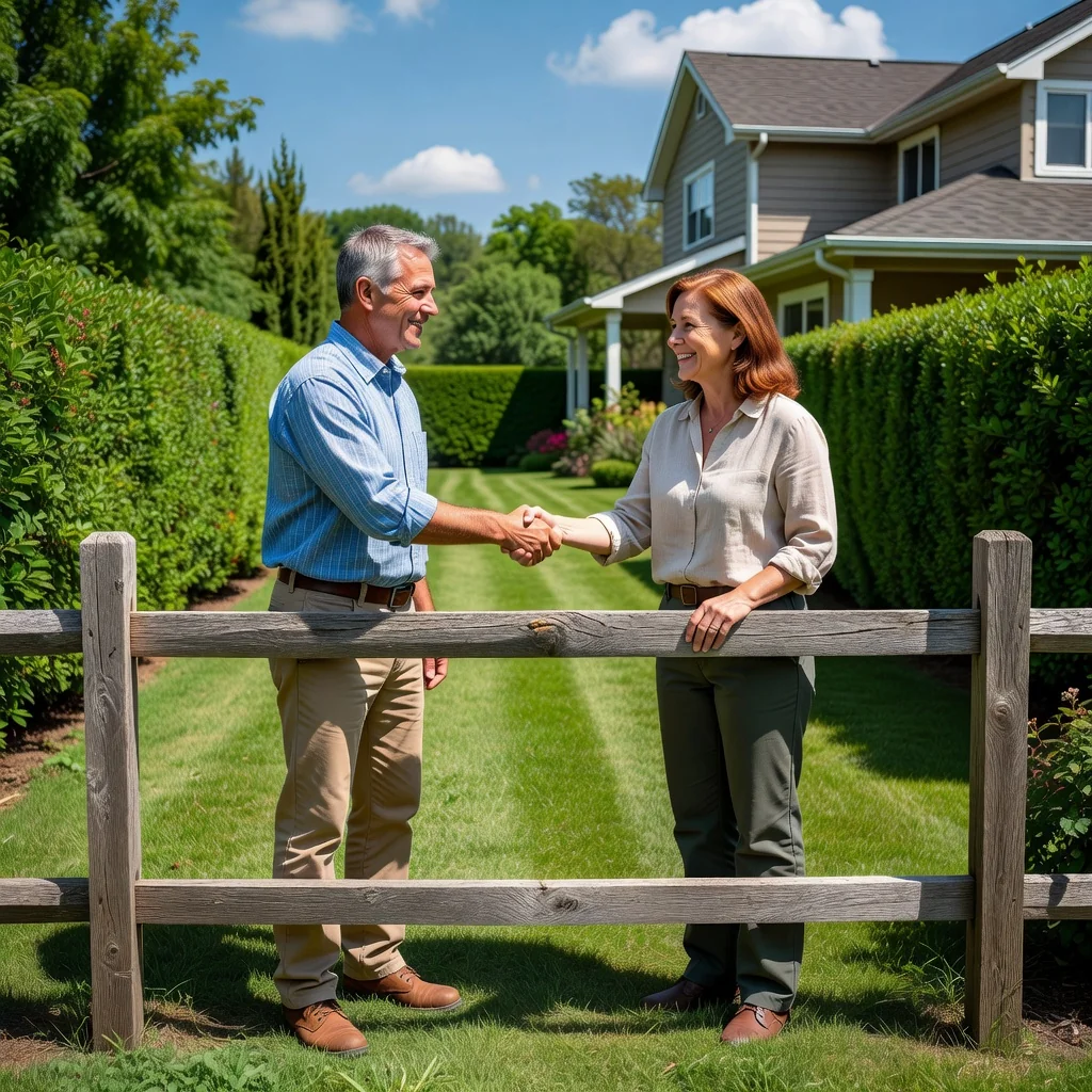 A photorealistic image depicting two adult neighbors standing amicably on either side of a wooden fence in a sunny suburban backyard, shaking hands to symbolize the agreement on property boundaries, with houses and greenery in the background, conveying trust and resolution without any legal documents visible.