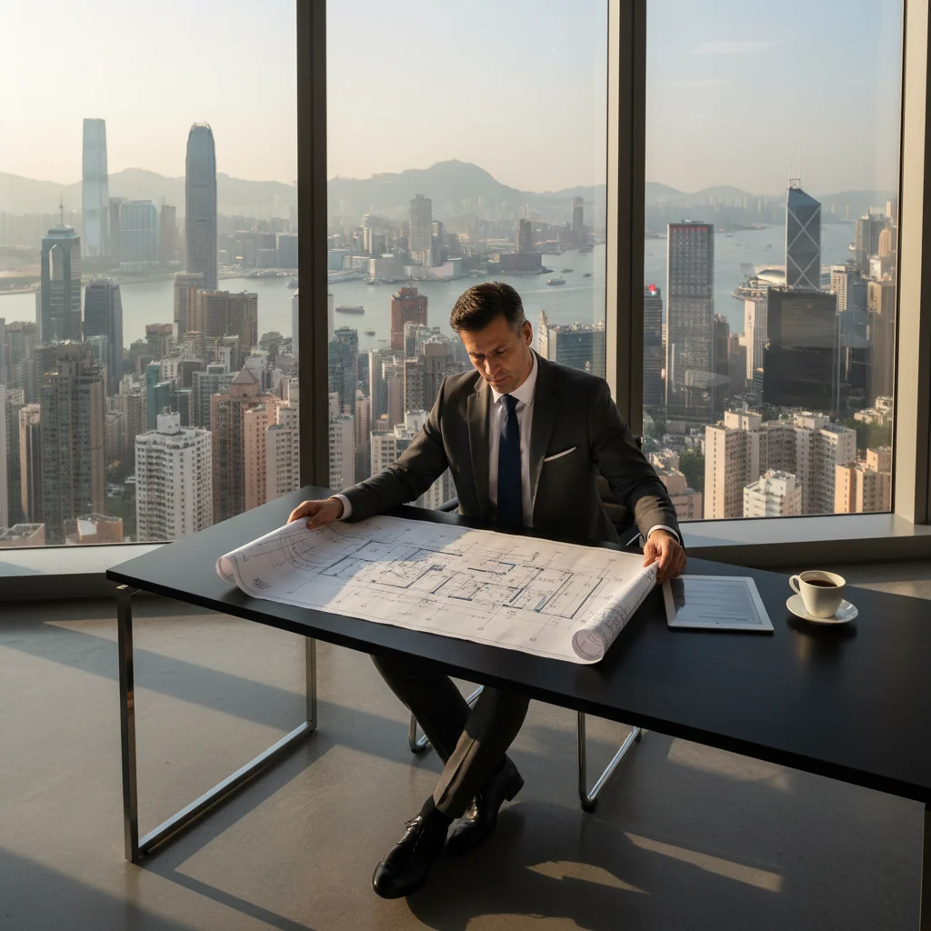 A photorealistic image of a professional adult real estate agent in a modern Hong Kong office, carefully reviewing property documents on a desk with a city skyline view in the background, symbolizing risk assessment in real estate transactions without showing any legal papers directly.