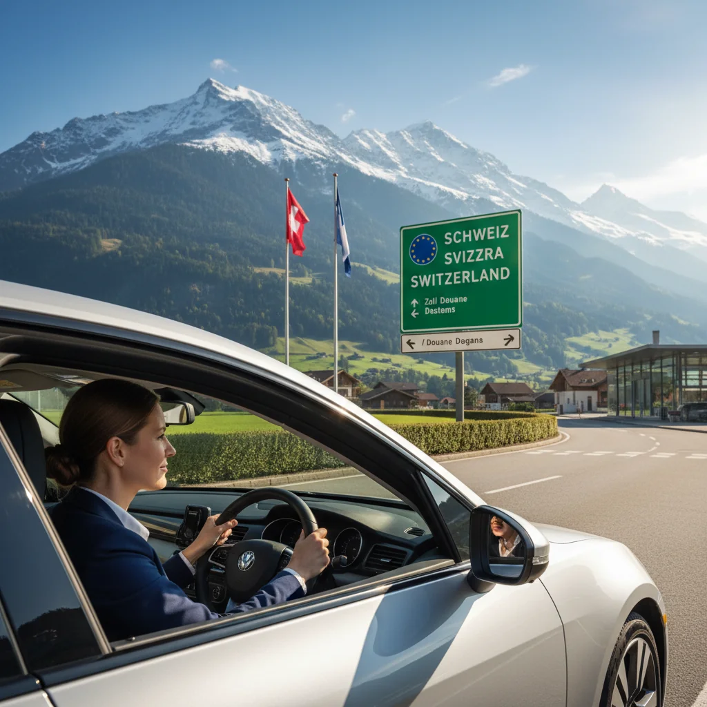 A photorealistic hero image depicting the concept of a border contract in Switzerland, showing a professional adult commuter crossing the Swiss border by car, with scenic Alpine mountains and a clear blue sky in the background, symbolizing the advantages and challenges of working across borders without focusing on any legal documents.