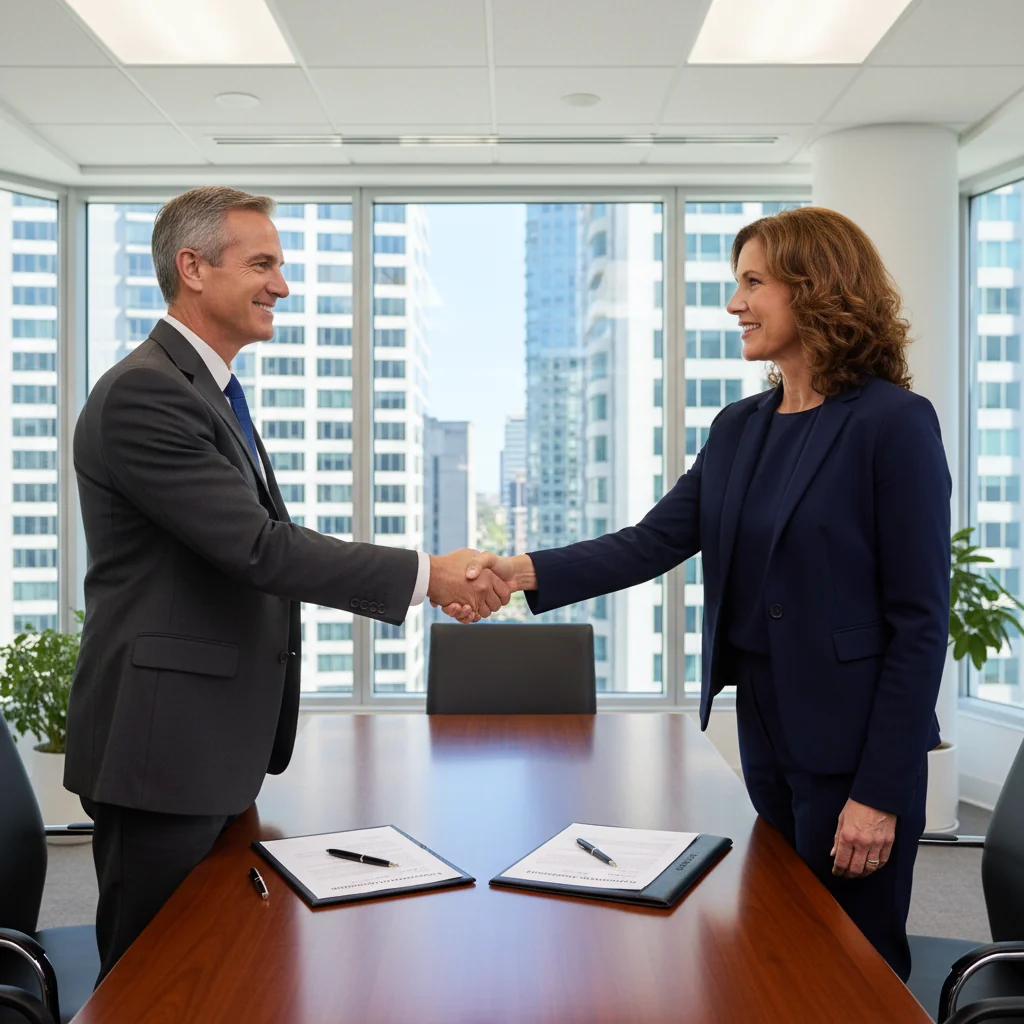 A photorealistic image depicting two adults shaking hands in a modern conference room, symbolizing agreement and resolution in a neighboring rights dispute, with subtle elements like adjacent windows or shared property lines in the background to evoke the theme of neighborly or property-related harmony, no children present.