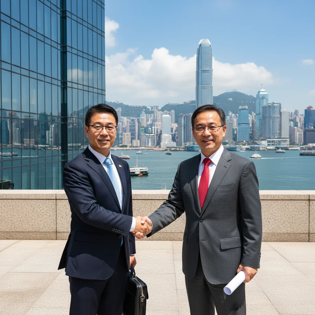 A photorealistic image of a professional real estate transaction in Hong Kong, showing a diverse group of adults in business attire shaking hands in front of a modern high-rise building with the Hong Kong skyline in the background, symbolizing property transfer and agreement without focusing on documents.