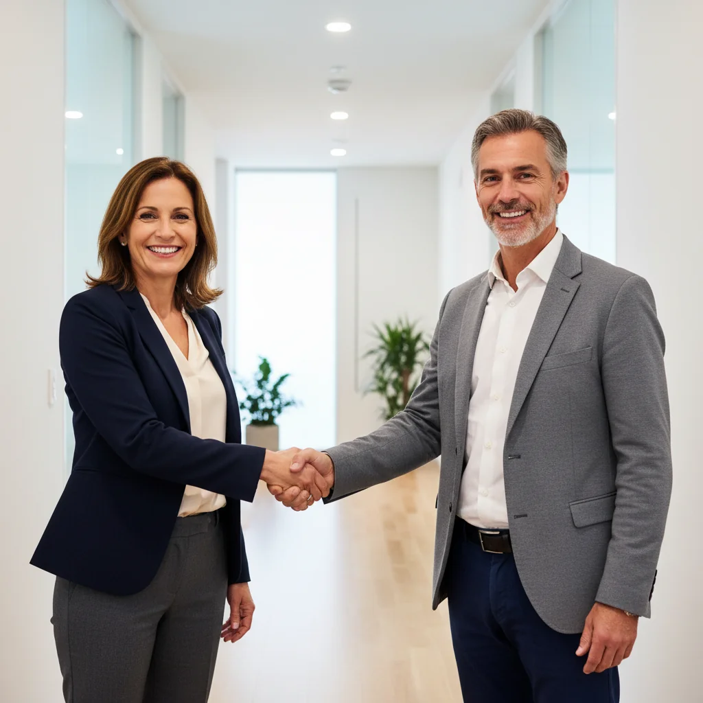 A photorealistic image of two adult neighbors in a modern residential building, standing amicably in a shared hallway, shaking hands to symbolize agreement and cooperation over a common wall issue, with subtle background elements like a building corridor and doors, conveying trust and resolution without any legal documents visible.