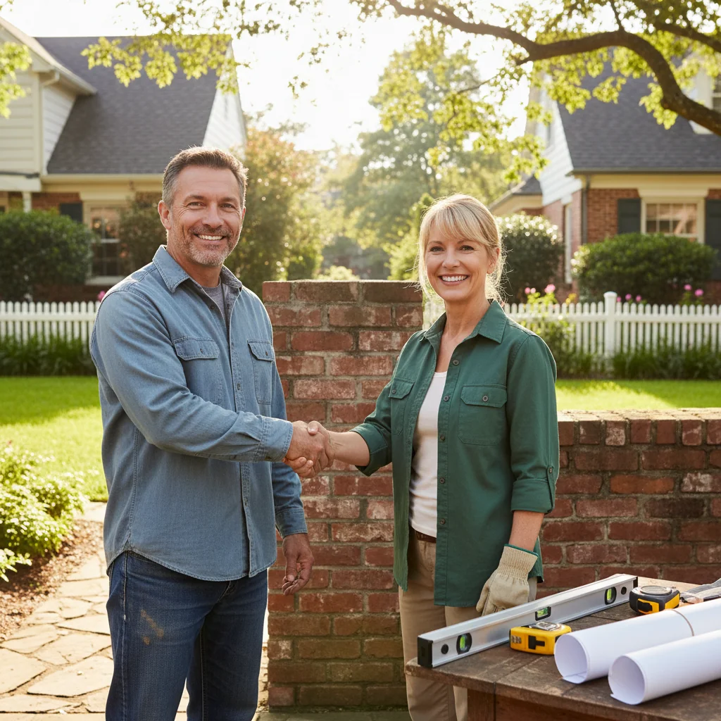 A photorealistic image depicting two neighboring adult homeowners shaking hands amicably in front of a shared brick party wall between their suburban houses, symbolizing agreement and cooperation on property boundaries, with tools like a level and blueprints subtly visible nearby, under a clear daytime sky.