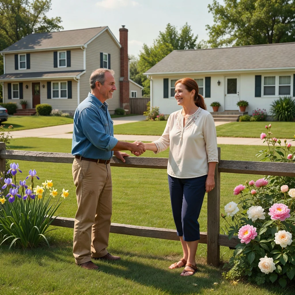 A photorealistic image of two adult neighbors in a suburban backyard, shaking hands amicably over a shared wooden fence, with houses in the background, symbolizing a neighborly agreement or contract without showing any legal documents.