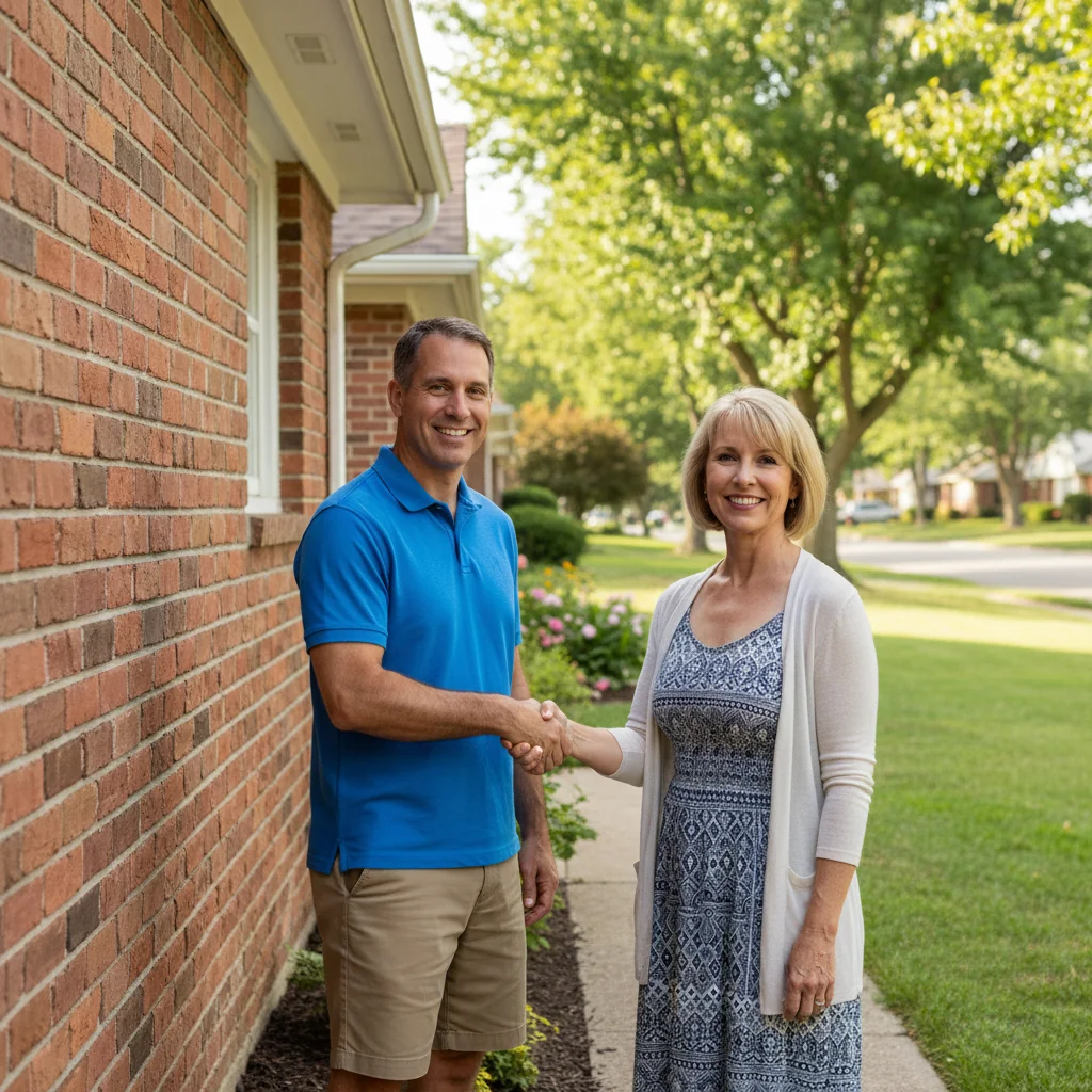 A photorealistic image depicting two neighboring adults shaking hands amicably in front of a shared residential wall, symbolizing agreement and cooperation over a common boundary in a suburban home setting, with no children present.