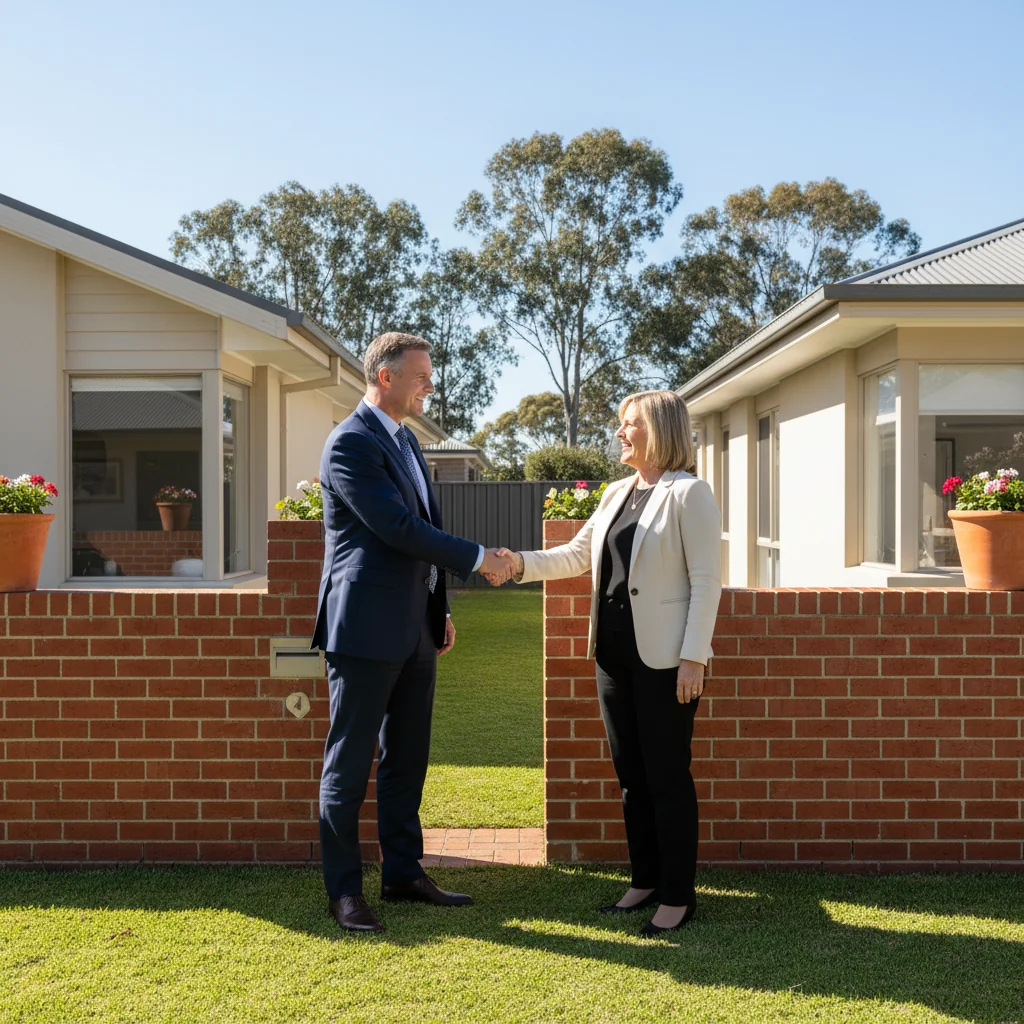 A photorealistic image depicting two neighboring Australian suburban homes separated by a shared brick fence wall, with two adult professionals in business attire standing on either side of the wall, shaking hands amicably across it, symbolizing agreement and cooperation in property matters. The scene is set in a sunny outdoor backyard with typical Australian landscaping like eucalyptus trees and grass, conveying a sense of legal harmony without showing any documents.