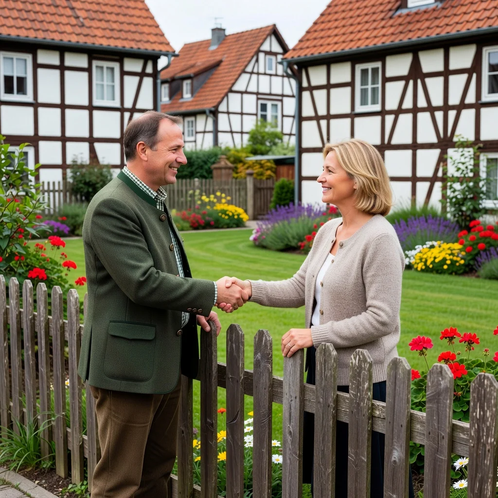 A photorealistic image depicting two adult neighbors in Germany amicably discussing and shaking hands over a shared garden fence in a suburban neighborhood, symbolizing a neighborly agreement under Nachbarrecht, with typical German houses and greenery in the background, no children present.
