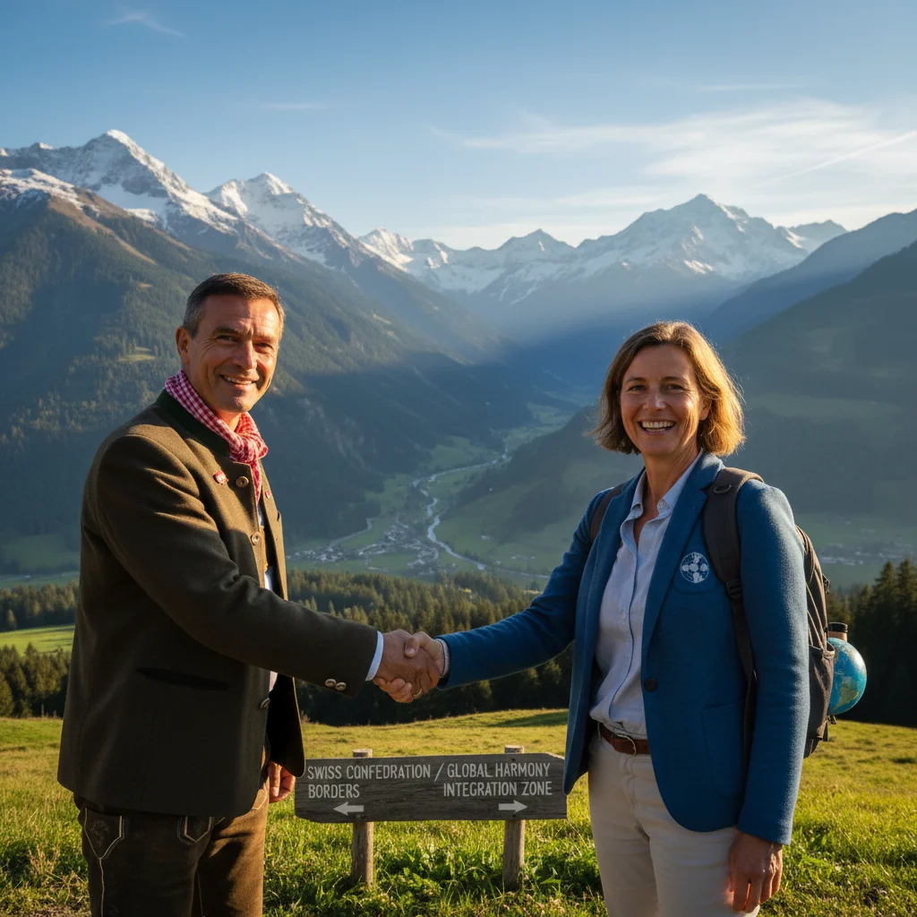 A professional scene in Switzerland representing the Grenzstrichvertrag, showing an adult Swiss citizen and a foreign national shaking hands in front of a scenic Swiss landscape with mountains and a border marker, symbolizing cross-border agreements and residency rights, photorealistic style.