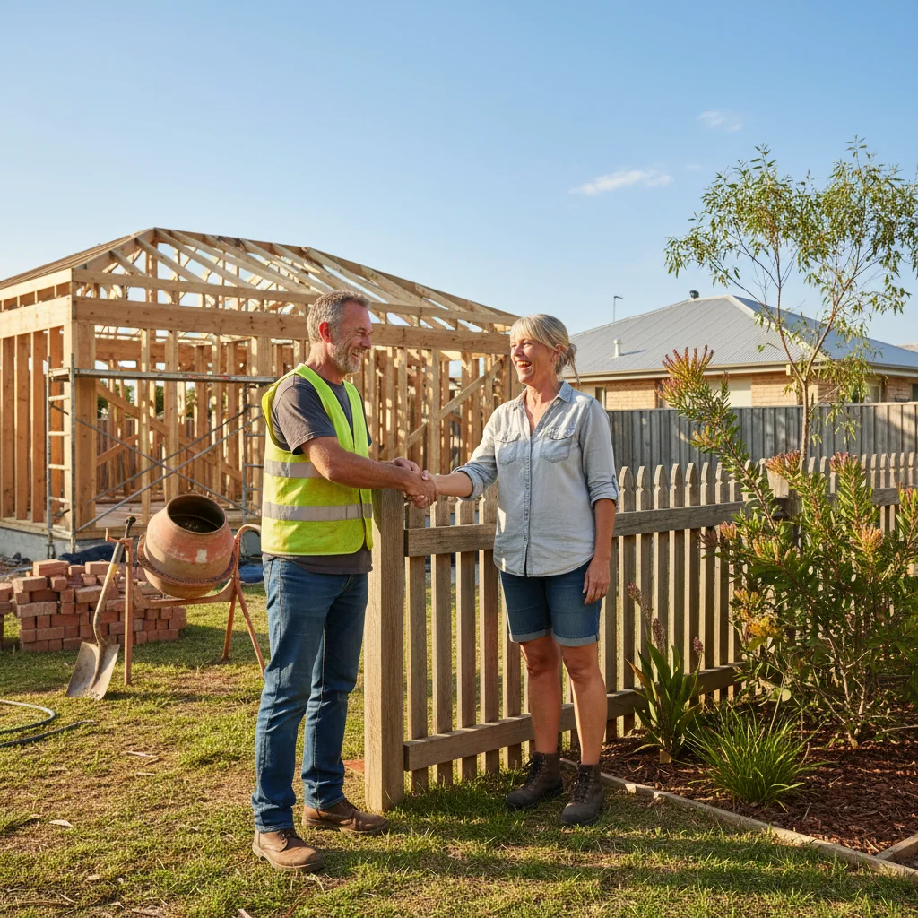 A photorealistic image of two neighboring homeowners in Australia standing amicably by a shared garden fence, shaking hands to symbolize agreement and cooperation on a construction project, with Australian suburban houses and landscaping in the background. No children are present in the image.