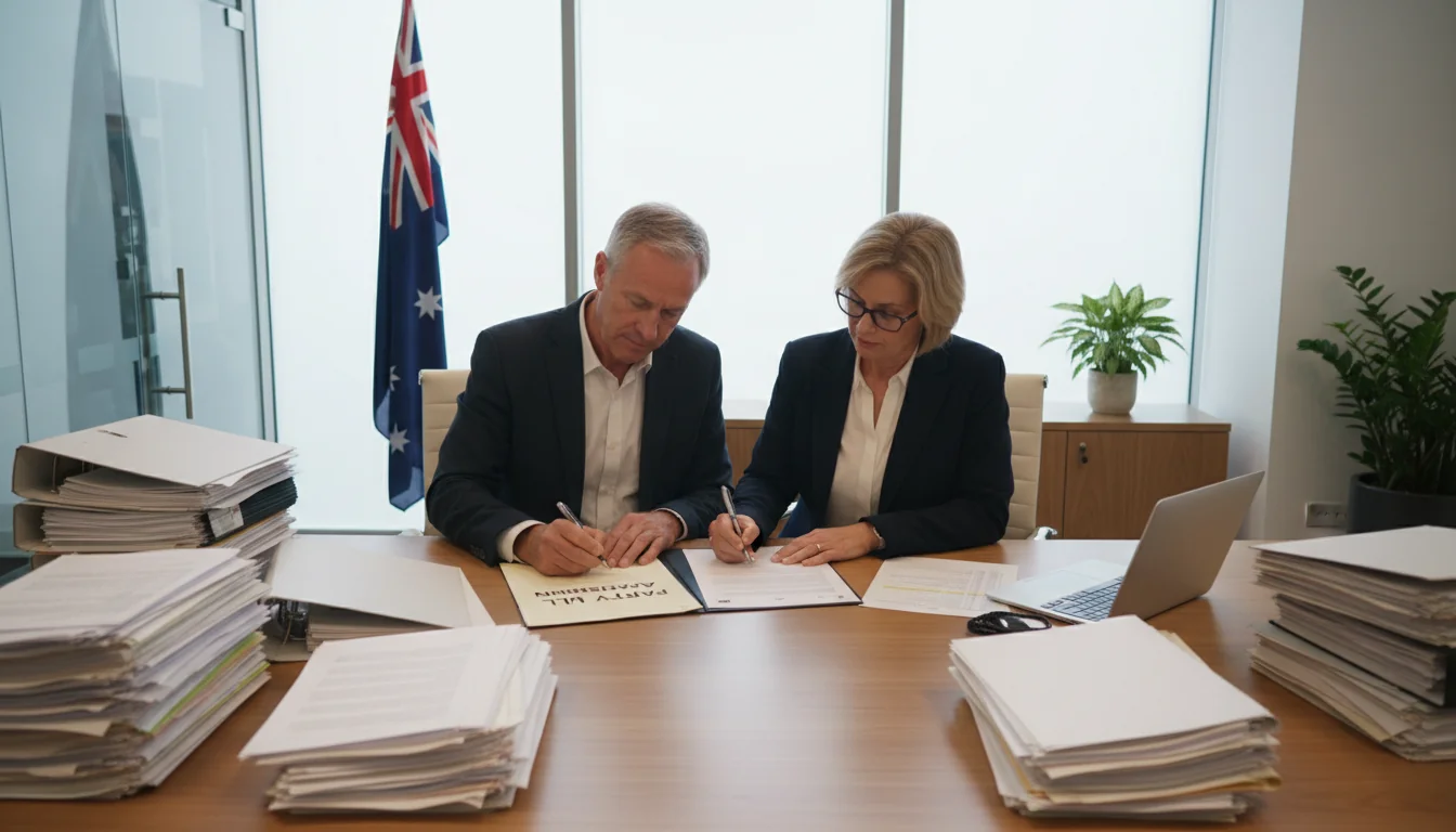 Two adults signing party wall agreement