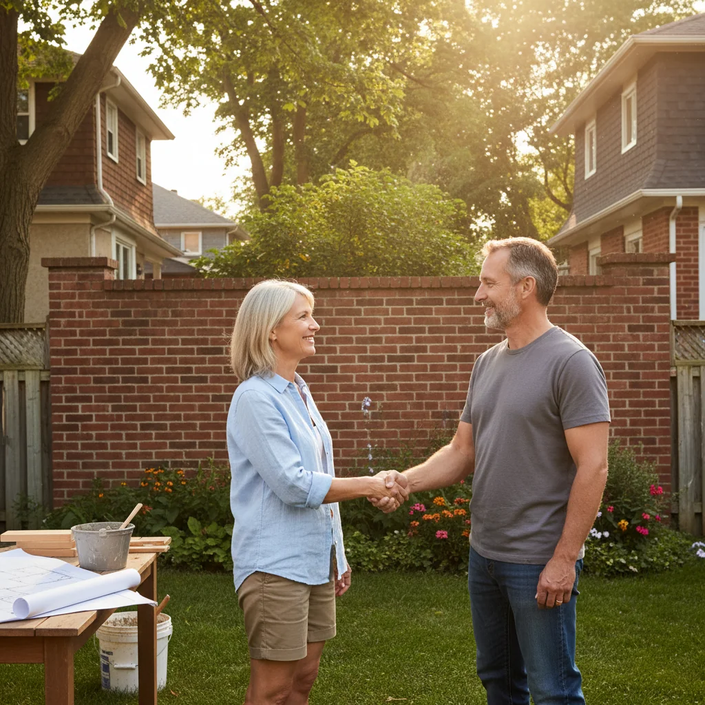 A photorealistic image depicting two neighboring adult homeowners in Canada shaking hands amicably in front of a shared property wall, symbolizing agreement and cooperation on a construction project, with a suburban house and construction elements in the background, no children present.