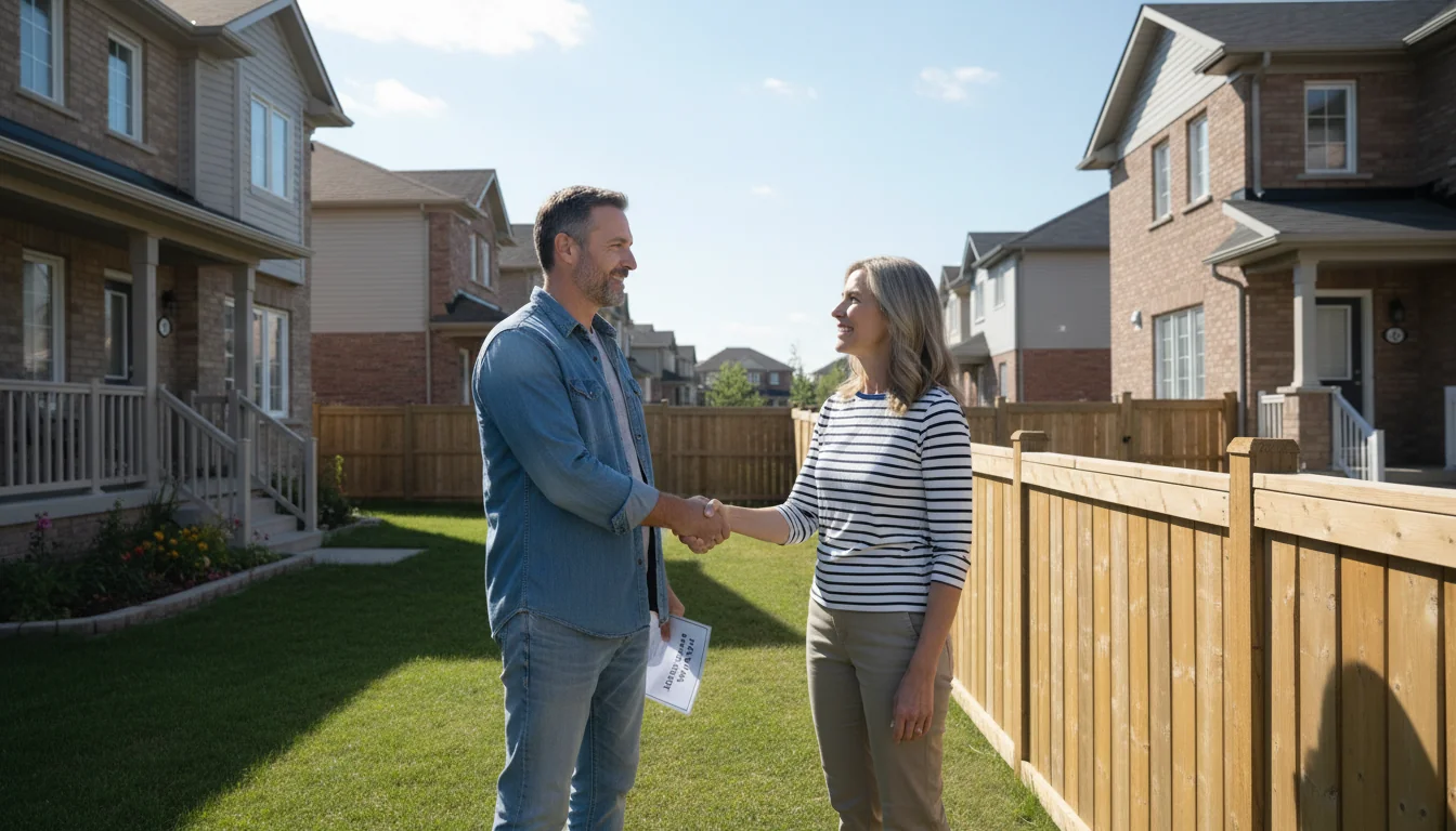 Neighbors shaking hands over boundary agreement