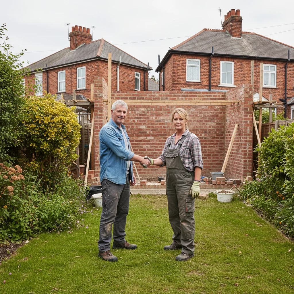A photorealistic image depicting two neighboring adult homeowners in the United Kingdom shaking hands amicably in front of a shared brick wall under construction in a suburban garden, symbolizing agreement and cooperation for a party wall project, with traditional British houses in the background, clear daylight, no children present.