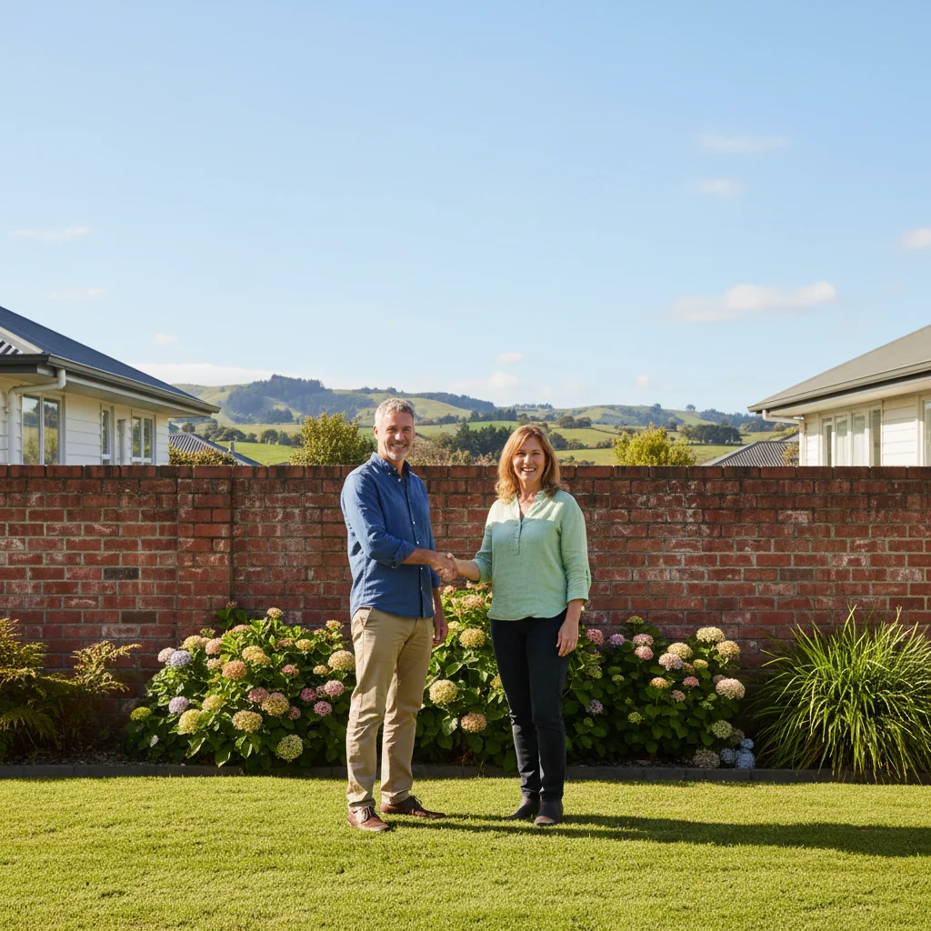 A photorealistic image depicting two neighboring adult homeowners in New Zealand shaking hands amicably in front of a shared boundary wall between their suburban properties, symbolizing agreement and cooperation on party wall matters, with lush green lawns and modern houses in the background under a clear blue sky.