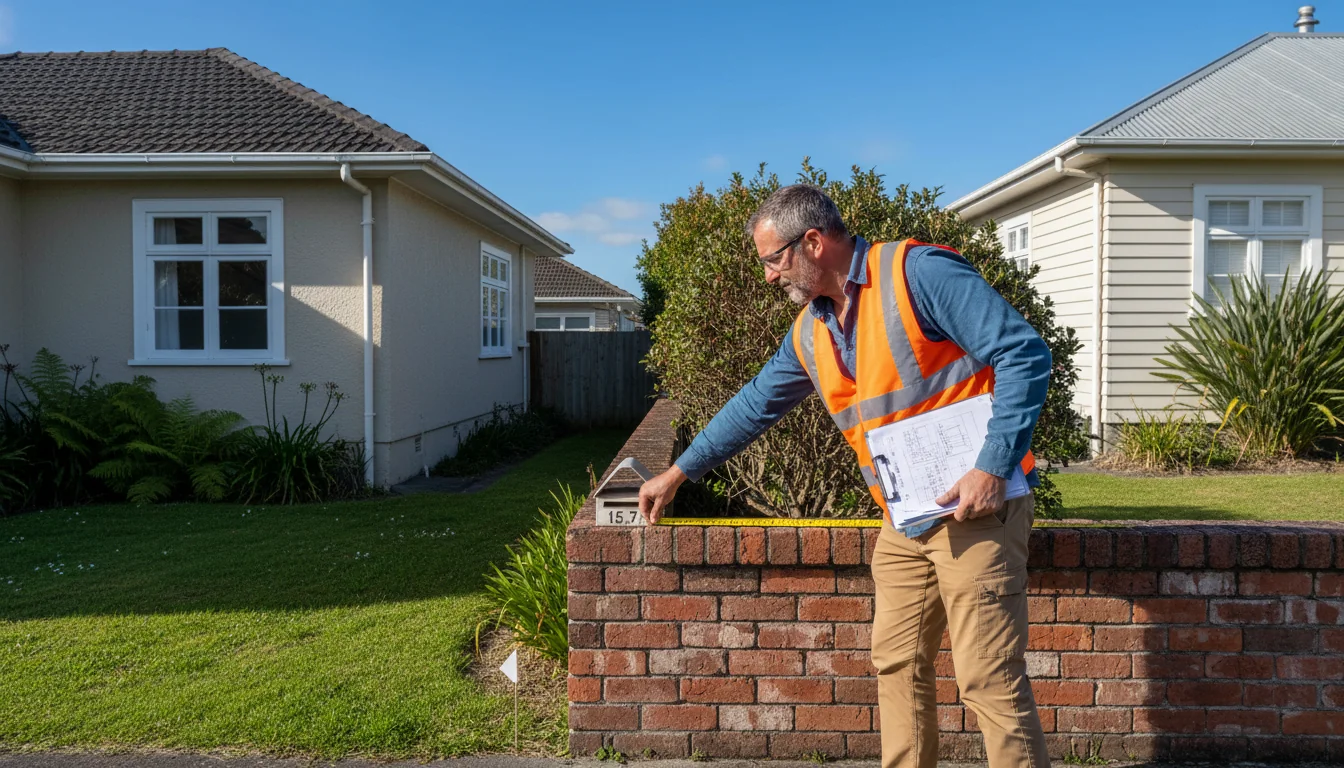 Surveyor measuring boundary wall on property
