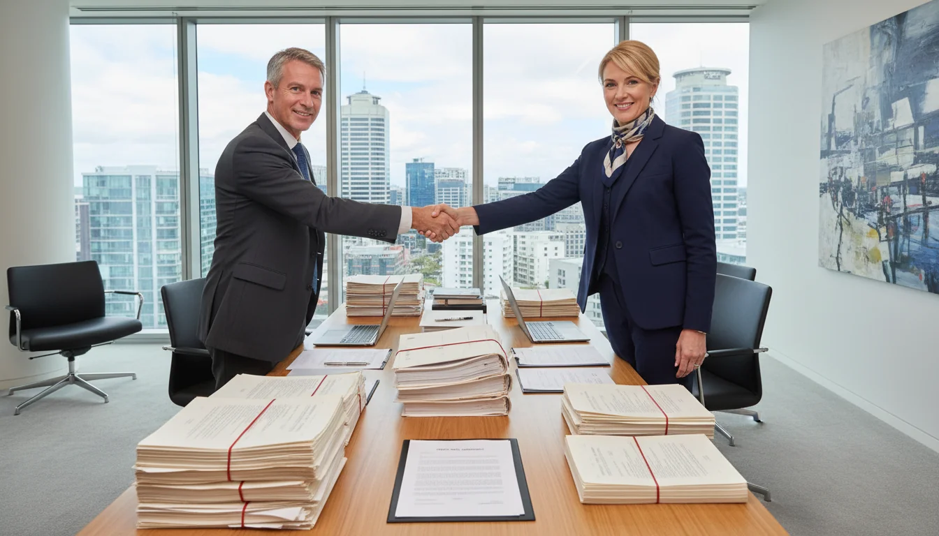 Two professionals shaking hands over legal documents