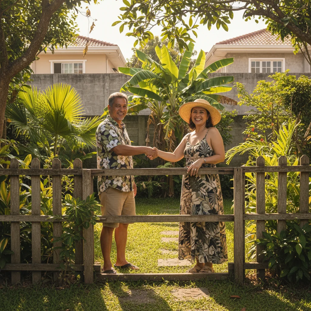A photorealistic image of two adult neighbors in the Philippines standing amicably on opposite sides of a wooden fence in a lush tropical backyard, shaking hands to symbolize a boundary dispute agreement, with Philippine flag subtly in the background, no children present.