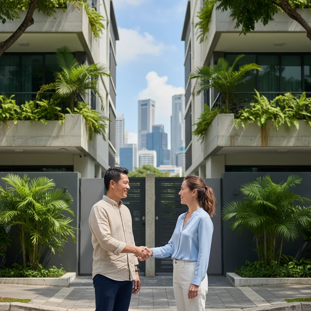 A photorealistic image depicting two neighboring adult professionals in Singapore shaking hands amicably in front of a modern residential building, symbolizing agreement and cooperation over a shared party wall, with subtle Singaporean urban elements like tropical greenery and high-rise apartments in the background.