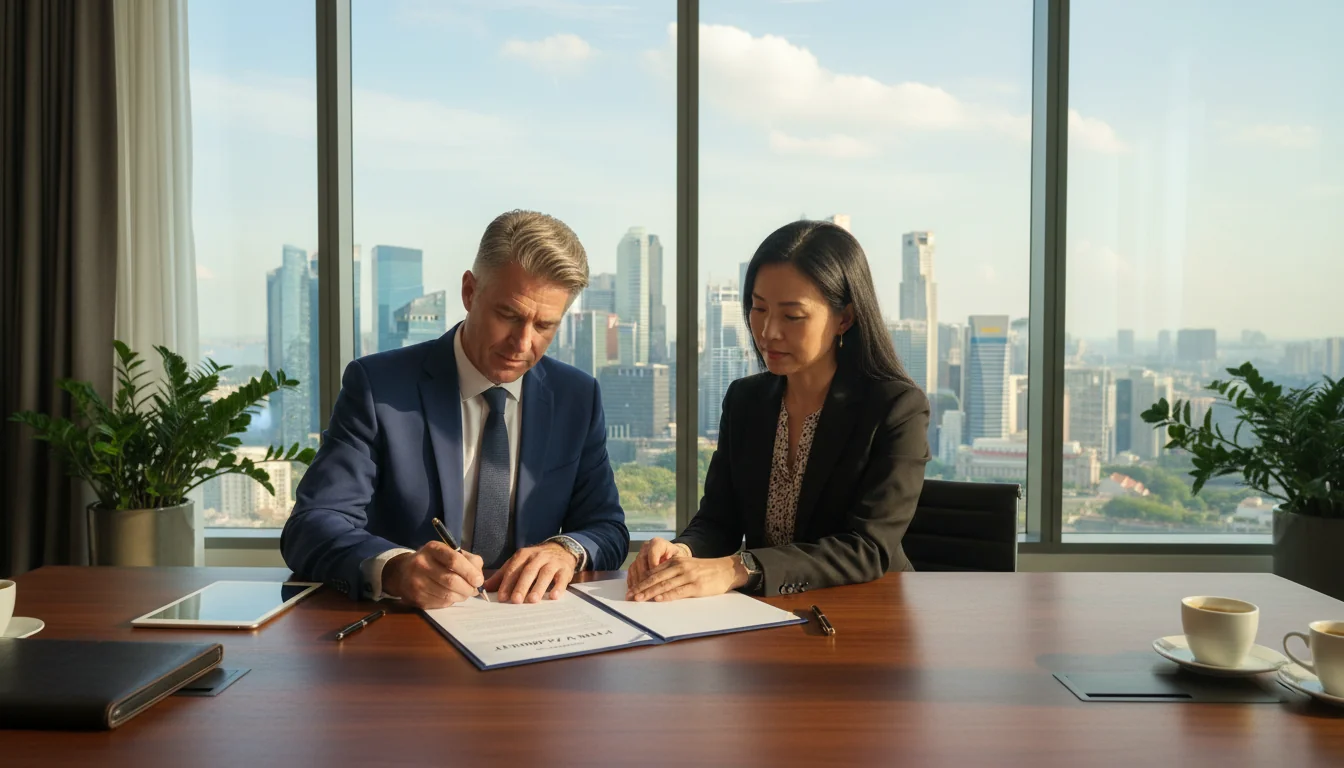 Two professionals signing party wall agreement