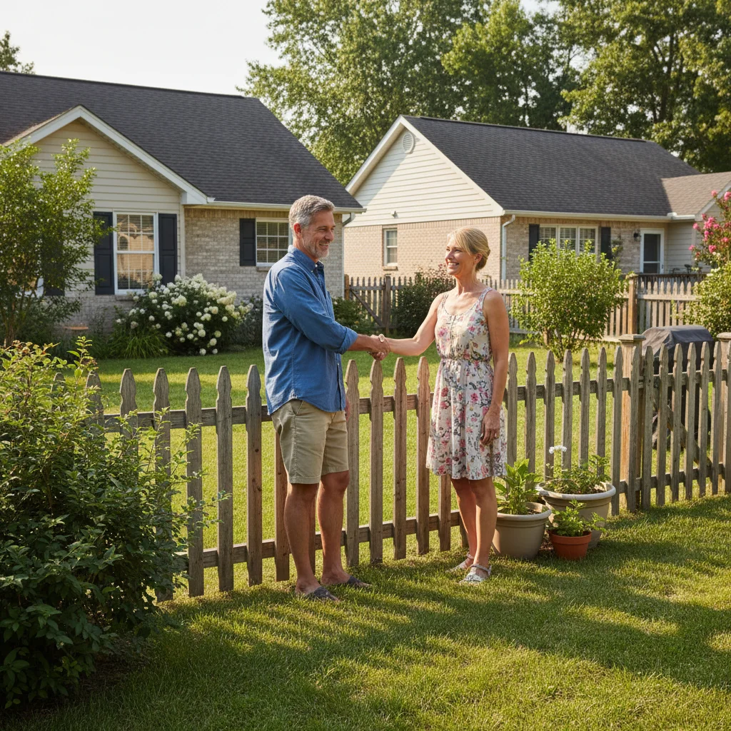 A photorealistic image depicting two neighboring adult homeowners engaged in a friendly discussion about a shared boundary wall in a suburban backyard, symbolizing cooperation and agreement without showing any legal documents.