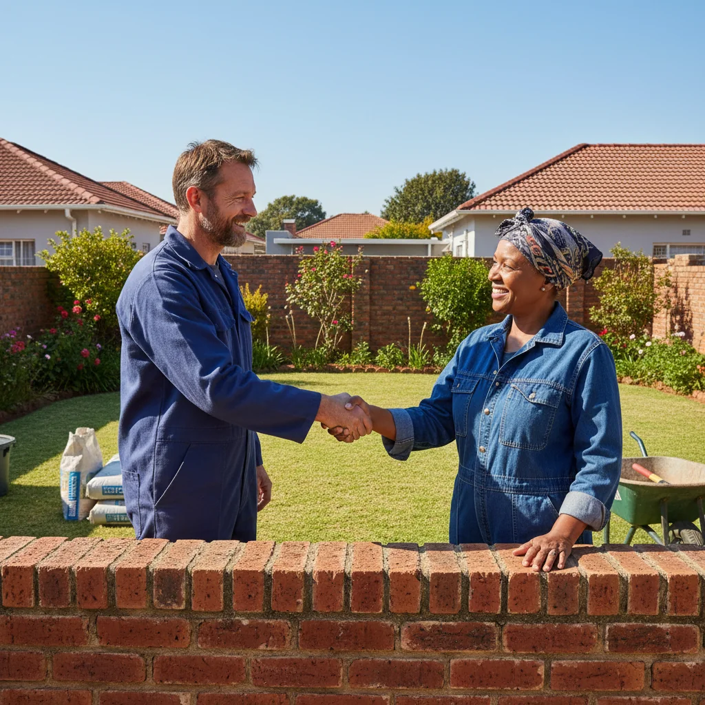 A photorealistic image of two neighboring adult homeowners in South Africa standing amicably in front of a shared boundary wall between their properties, shaking hands to symbolize agreement and cooperation in construction or renovation projects, with a suburban backyard setting featuring typical South African architecture, no children present.