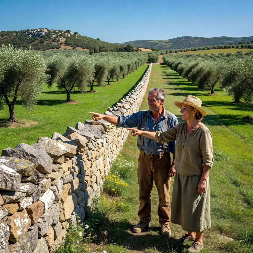 A photorealistic image representing the purpose of a Convenio de Lindes legal document in Spain, which involves agreements on boundary divisions between properties. The image shows two adult neighbors standing amicably in a sunny Spanish rural landscape, gesturing towards a stone boundary wall separating two adjacent farmlands with olive trees and hills in the background, symbolizing resolution and cooperation over property lines. No children are present. The style is highly detailed and realistic, like a professional photograph.