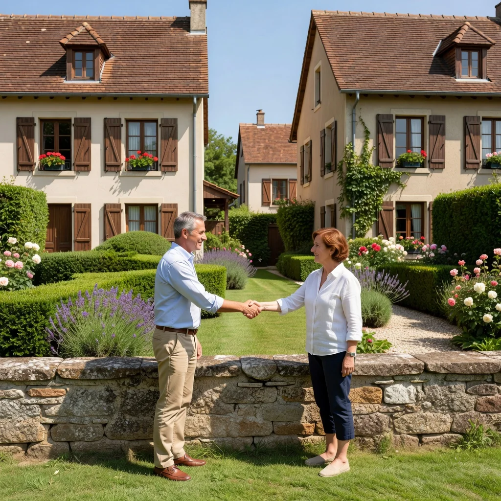 A photorealistic image representing shared property boundaries in France, showing two neighboring houses with a dividing wall or fence, and two adults discussing amicably over the boundary, evoking cooperation and legal agreement without focusing on documents.