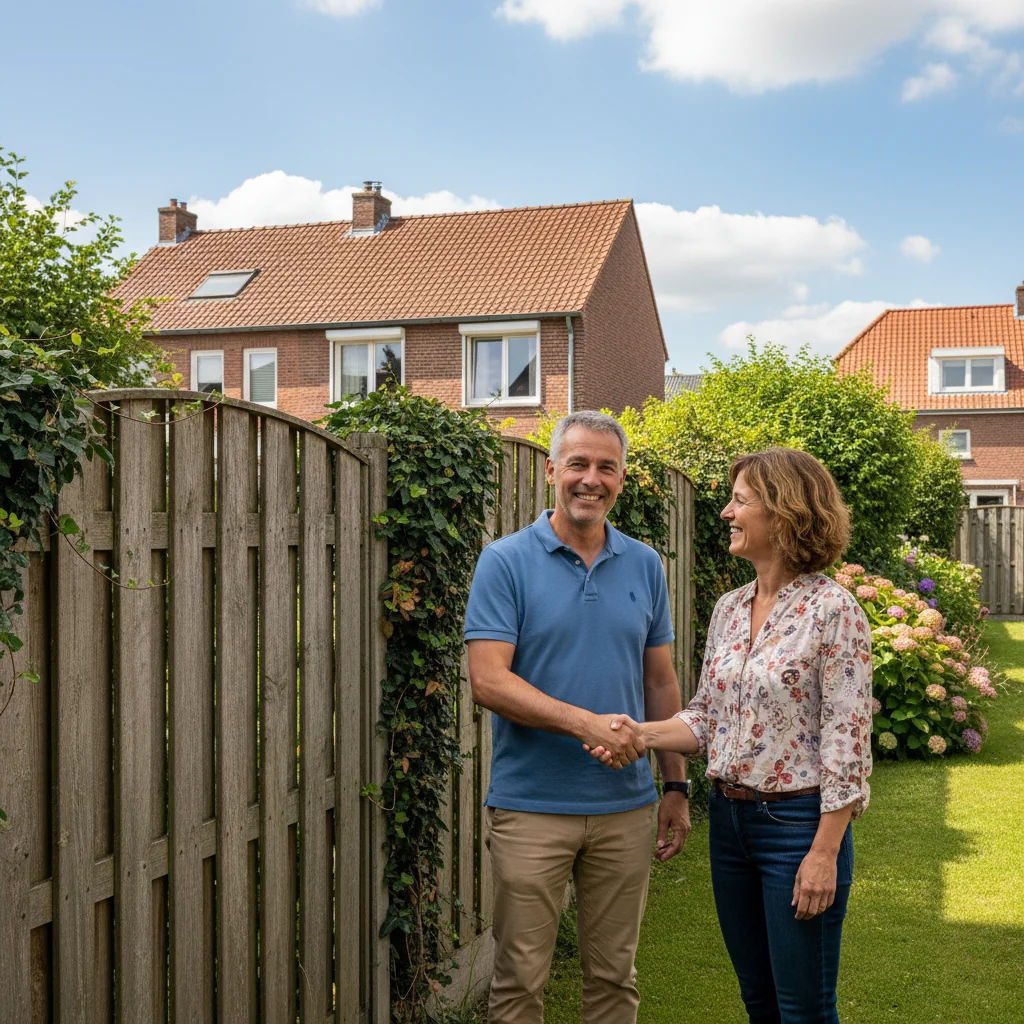 A photorealistic image depicting two neighboring adults in Belgium standing amicably by a shared wooden fence in a suburban backyard, shaking hands to symbolize agreement on property boundaries, with typical Belgian houses and a clear blue sky in the background, evoking cooperation and legal harmony without showing any documents.