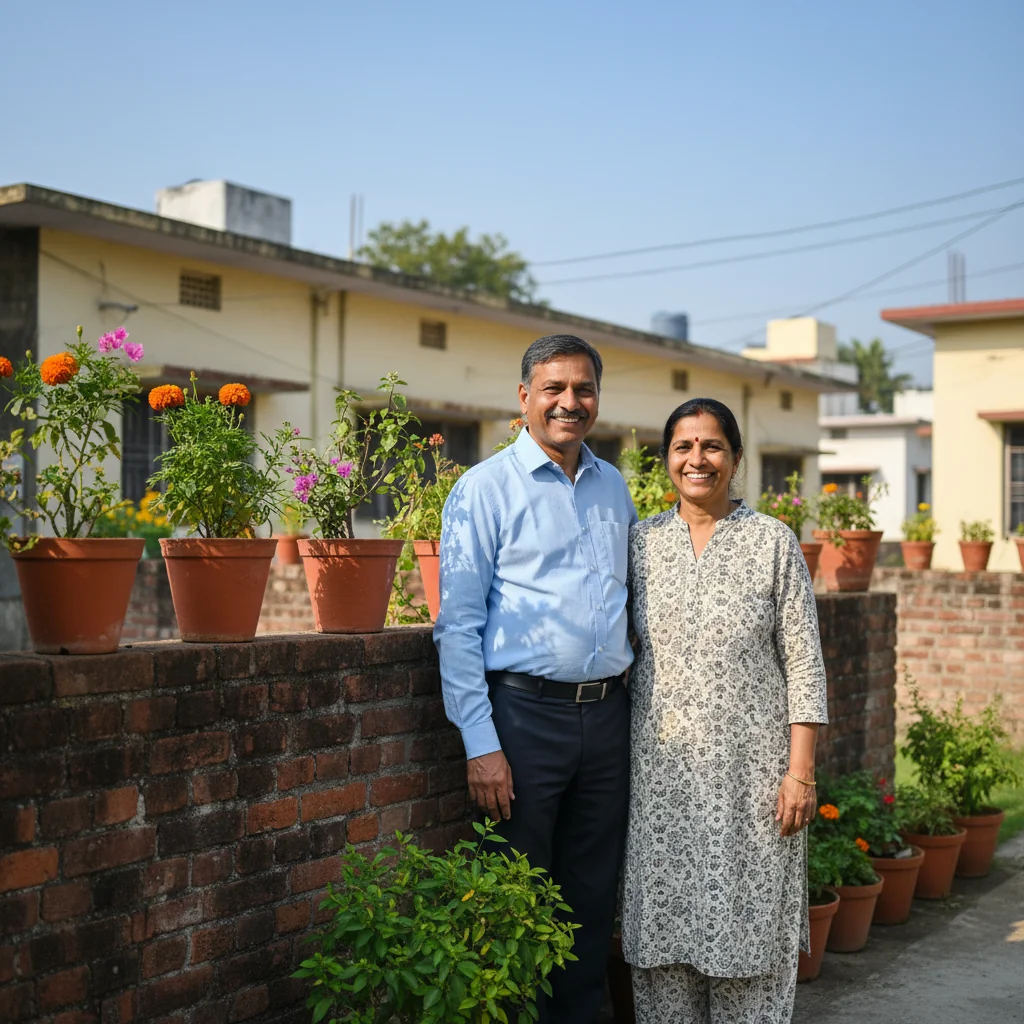 A photorealistic image depicting two neighboring adults in an Indian suburban setting, standing amicably beside a shared boundary wall of their homes, symbolizing agreement and harmony in property matters, with traditional Indian architecture in the background, no children present.