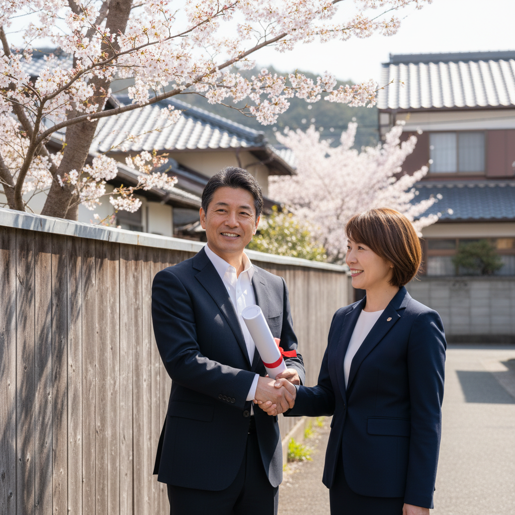 A photorealistic image of two adult professionals in business attire standing on a residential property boundary, shaking hands amicably while pointing to a marked fence line, symbolizing agreement on land boundaries in Japan, with traditional Japanese suburban houses in the background.