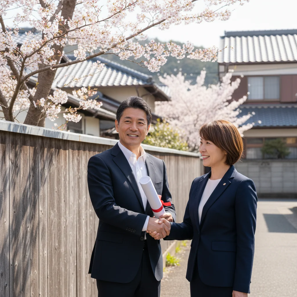 A photorealistic image of two adult professionals in business attire standing on a residential property boundary, shaking hands amicably while pointing to a marked fence line, symbolizing agreement on land boundaries in Japan, with traditional Japanese suburban houses in the background.