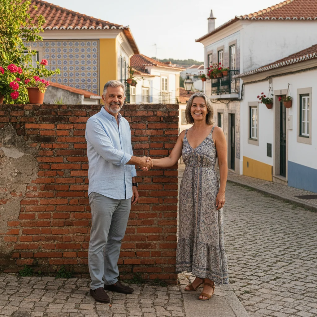 A photorealistic image of two neighboring adults shaking hands amicably in front of a shared brick wall in a residential Portuguese neighborhood, symbolizing a common wall agreement, with typical Portuguese architecture in the background like tiled roofs and sunny weather, conveying trust and cooperation without any legal documents visible.