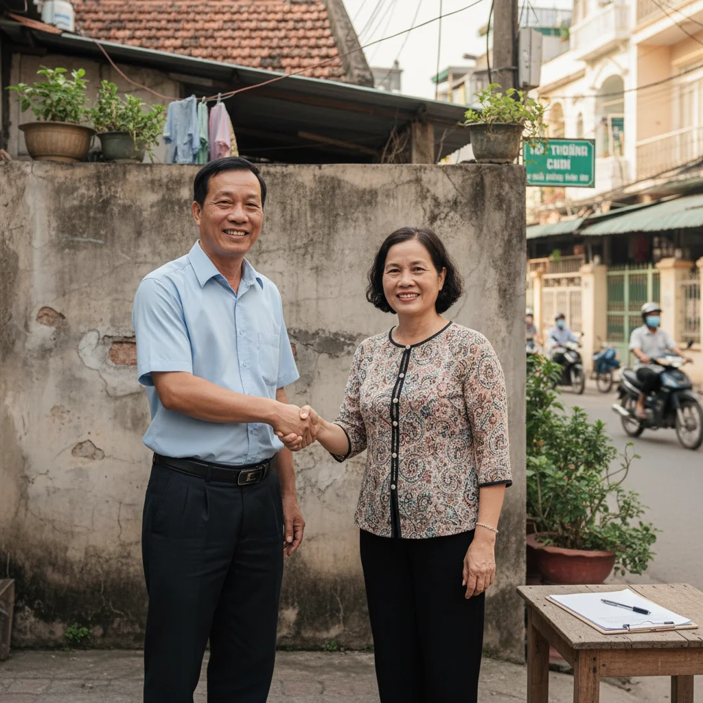 A photorealistic image of two Vietnamese adults standing amicably in front of a shared residential wall, shaking hands to symbolize agreement and cooperation in property matters, with subtle legal undertones like a clipboard nearby, set in a typical urban Vietnamese neighborhood.