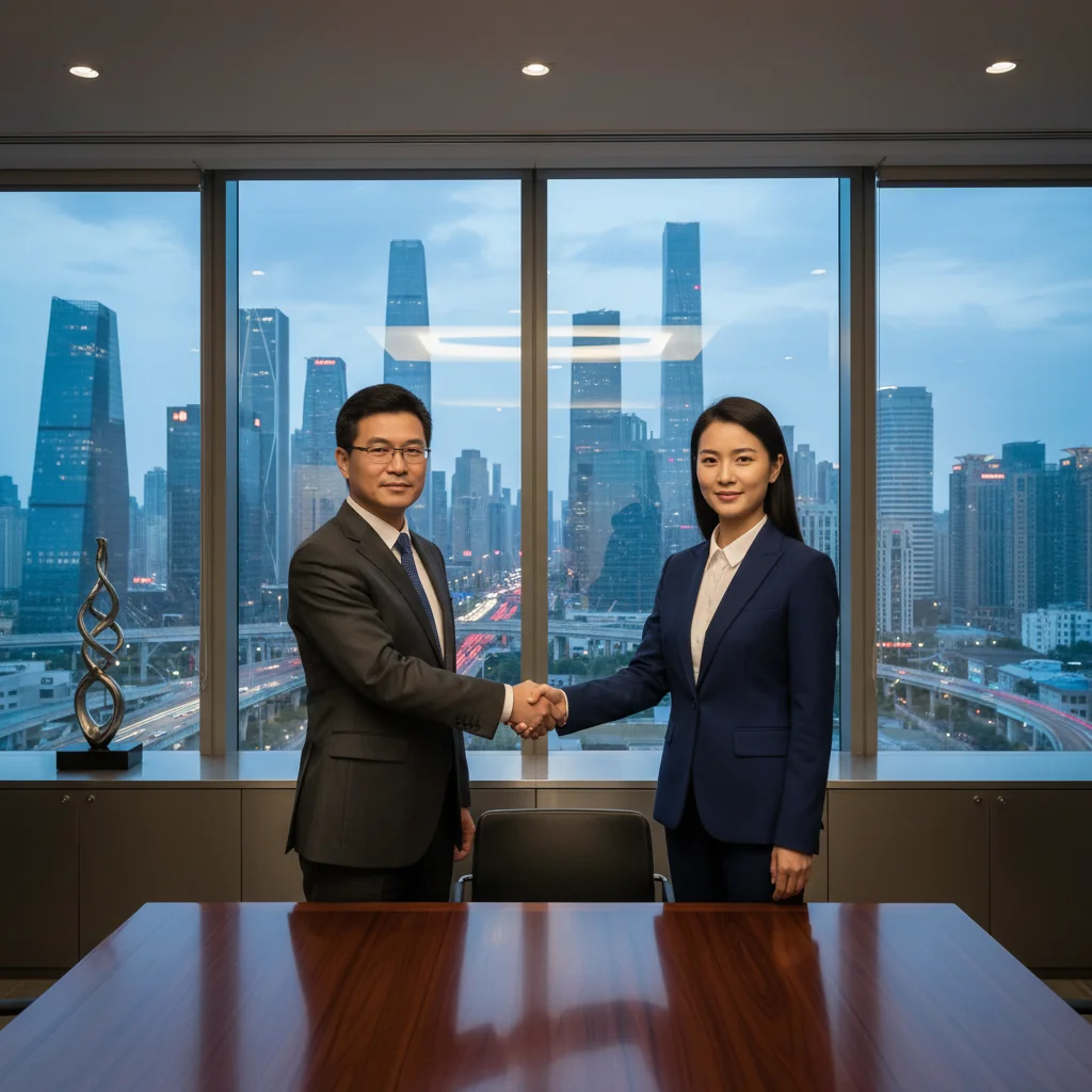 A professional scene in a modern Chinese office building, showing two business professionals in suits shaking hands over a conference table, symbolizing agreement and partnership, with a subtle Chinese city skyline visible through large windows in the background, conveying the essence of formal agreements and legal partnerships in China.