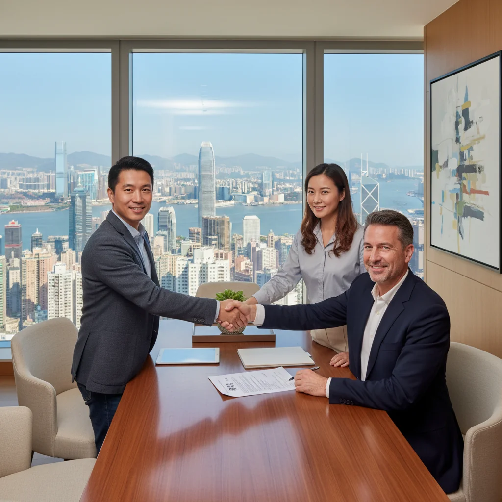 A photorealistic image of a professional couple in their 30s shaking hands with a real estate agent in a modern Hong Kong apartment, symbolizing the agreement and purchase of subdivided property units under 分契 arrangements, with a scenic view of Victoria Harbour in the background, conveying trust, property ownership, and urban living in Hong Kong.