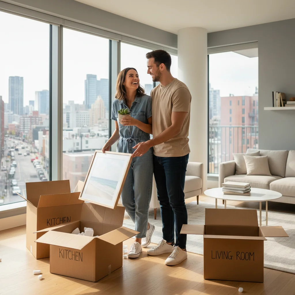 A photorealistic image of a young adult couple happily moving into a modern apartment, unpacking boxes in a bright living room with large windows overlooking a cityscape, symbolizing successful residential rental without any paperwork visible.