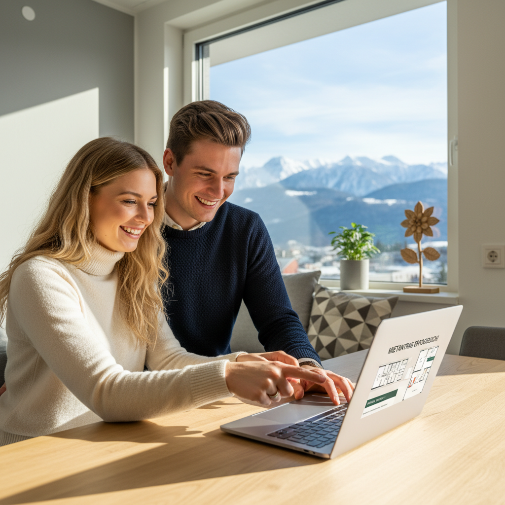 A photorealistic image of a young adult couple in a modern Austrian apartment, excitedly discussing and preparing for their move-in, symbolizing the process of applying for and securing rental housing in Austria. The scene captures a sense of anticipation and achievement in finding a new home, with subtle Austrian elements like alpine views through the window.