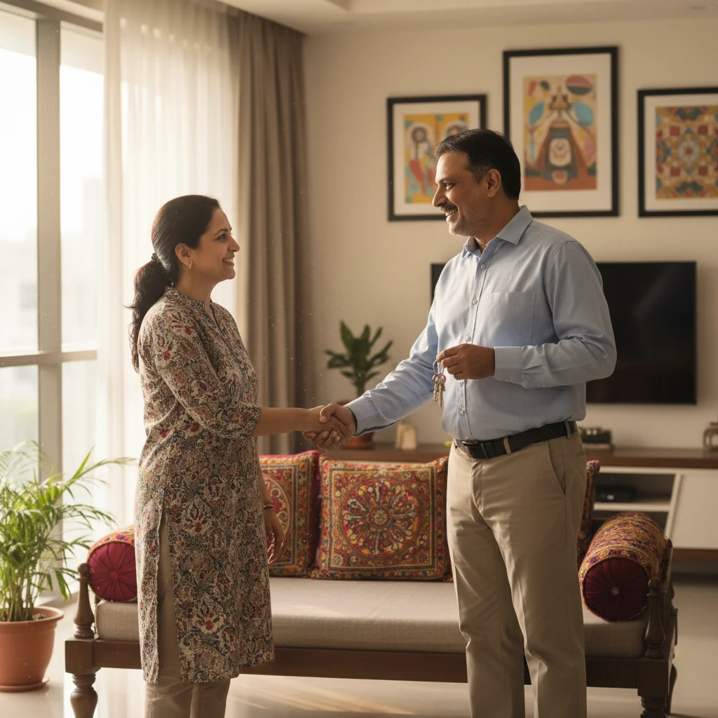 A photorealistic image depicting a professional adult landlord and tenant shaking hands in a modern Indian apartment setting, symbolizing the agreement and trust in rental arrangements in India. The scene includes subtle Indian cultural elements like traditional decor, with both individuals appearing middle-aged and dressed in business casual attire.